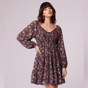 Entro size M black floral pleated flowy babydoll balloon sleeve floral dress